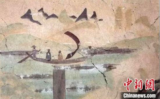 “一人搖櫓晃扁舟，兩人撐篙水上漂?！眻D為莫高窟第323窟《搖櫓帆船》（初唐）?！《鼗脱芯吭汗﹫D